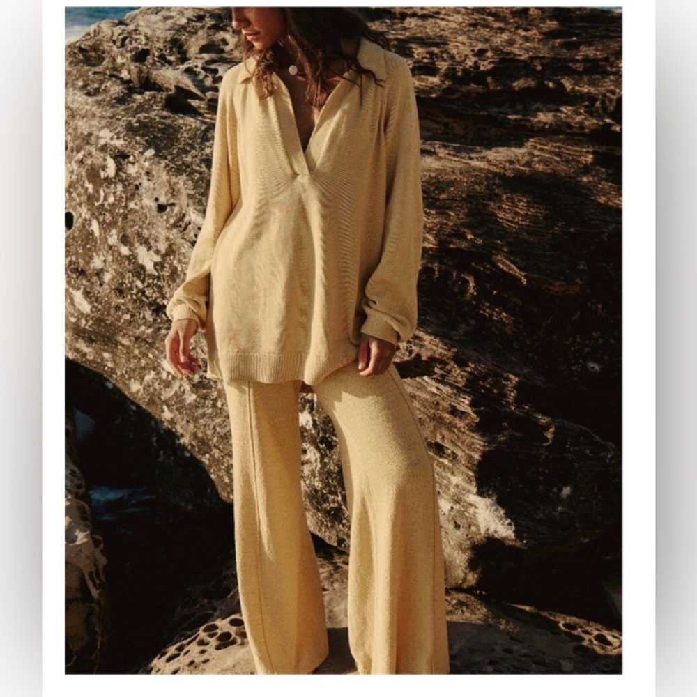 We The Free People NWT $138 DREA Yellow Knit Flare Pants & Top sz L